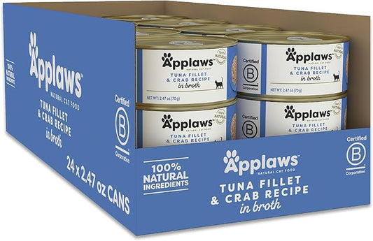 Applaws Natural Wet Canned Cat Food, Limited and Natural Ingredients, High Protein with No Artificial Additives, Tuna Fillet & Crab in Broth (24 x 2.47oz Cans)