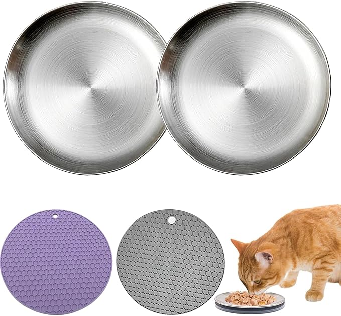 Stainless Steel Cat Dish Shallow Bowls Whisker Fatigue Cat Metal Plate with Non-Slip Pads for Wet Food Puppies Cats Kittens (2 PCS, 6.49 inch)