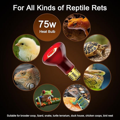 Reptile Heat Lamp Bulb 75W 2PCS, Infrared Heat Emitter Red Heat Lamp for Reptile Amphibian, Infrared Basking Spot Light Bulb