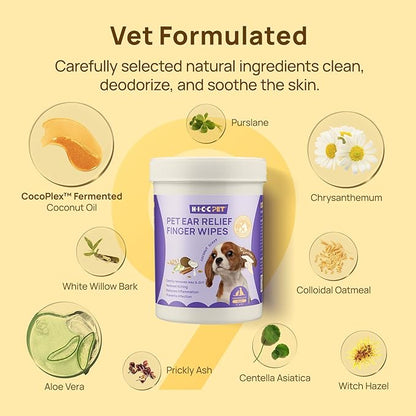 HICC PET Dog Ear Finger Wipes, Ear Cleaner Wipes for Dogs & Cats, Dog Ear Infection Treatment to Relief Itching & Inflammation, Remove Wax, Dirt & Stop Smelly, Non-Irritating, 50ct(Coconut Scent)