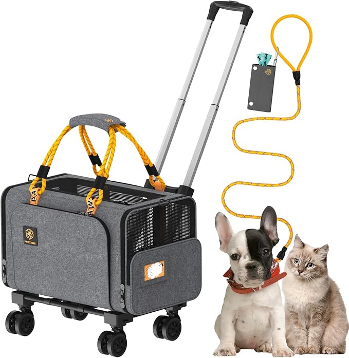 PAWZIDEA Expandable Pet Carrier with Wheels, 18"X11"X11" TSA-Approved Cat Carrier for 2 Cats Under Seat, Soft-Sided Top Load Dog Carrier for Small Dogs Rolling Travel Bag w/Telescopic Handle, ID Card