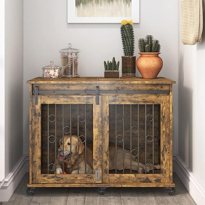 IchbinGo Large Dog Crate Furniture with Sliding Barn Door, 43.7" Wooden Dog Kennel End Table with Wheels and Flip-top Plate Dog House with Detachable Divider for Small/Medium/Large Dog (Rustic Brown)