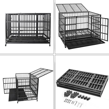 Oranland 48/38 Inch Heavy Duty Indestructible Dog Crate Cage Kennel with Wheels, High Anxiety Dog Kennel, Sturdy Locks, Double Door and Removable Tray Design, Extra Large XL Dog Crate.