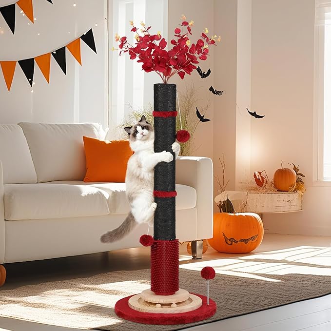 Halloween Cat Scratching Post,45'' Tall Gothic Cat Scratcher Activity Cat Play Center Tree Tower Furniture with Interactive Wood Ball Toy for Indoor Large Cat Adults