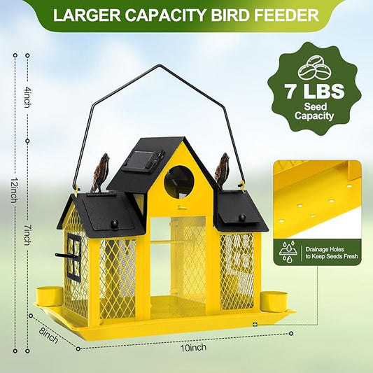 Solar Bird Feeders House for Outdoors Hanging, 7LBS Large Capacity Metal Wild Bird Feeder Squirrel Proof for Outside with Water Cup, Cardinal Birdfeeder Birdhouses Gift for Bird Lovers (Yellow)