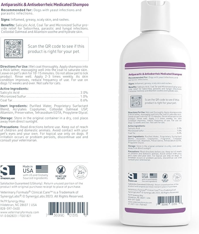 Veterinary Formula Clinical Care Antiparasitic & Antiseborrheic Medicated Dog Shampoo, 16 oz – Paraben, Dye, Soap Free – Hydrating and Antifungal Shampoo for Dogs, White