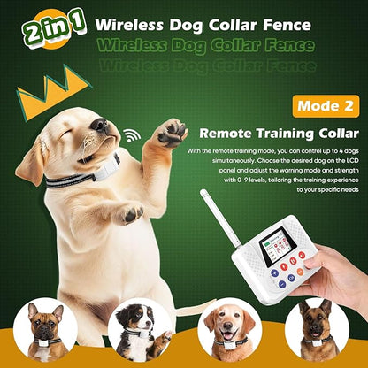 Wireless Dog Fence, Electric Fence for Dogs with Shock Collar, Big Colored LCD Screen, Portable Pet Fence Outdoor for Yards, Adjustable for Small, Medium, Large Dogs