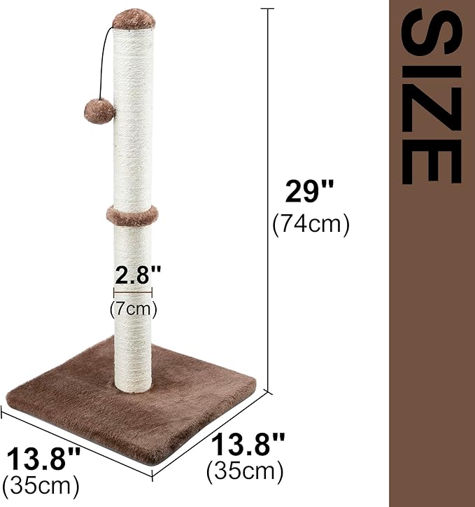 Dimaka 29" Tall Cat Scratching Post, Claw Scratcher with Sisal Rope and Covered with Soft Smooth Plush, Vertical Scratch [Full Strectch] for Standard Size Cats (Dark Brown, 29 inches for All Cats)