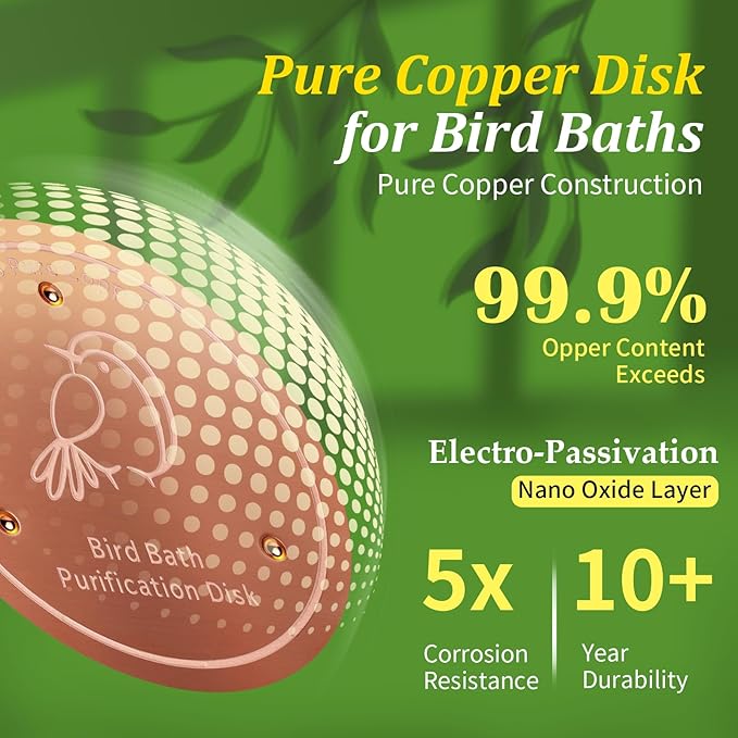 99.99% Pure Copper Bird Cleaning Disk, 0.6mm Reinforced, 3-Point Supported, Fits All Outdoor Bird Baths/Bowls, Year-Round Physical Water Purification
