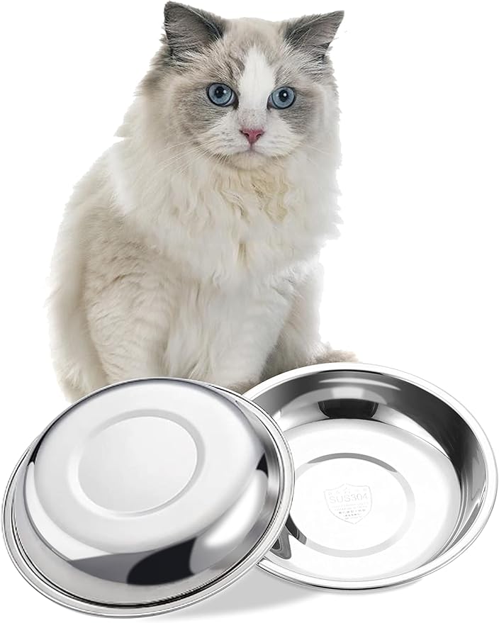 VENTION Big Shallow Cat Food Bowls, Outer Dia. 9.8 in Whisker Fatigue Cat Bowl, Stainless Steel Cat Food Dish for Indoor Cats, Set of 2 Replacement Cat Bowls for Raised Station(49 Fl.oz)