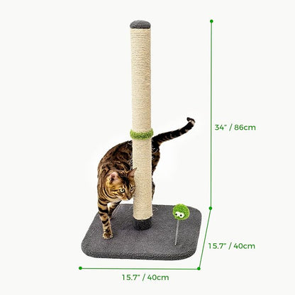 TINYBEAST 34" Tall Cat Scratching Post, Cat Scratcher Featuring Natural Sisal Rope, Cat Tree with Interactive Plush Toy Ball and Stable Base for Indoor Large Adult Cats & Kittens(Grey)