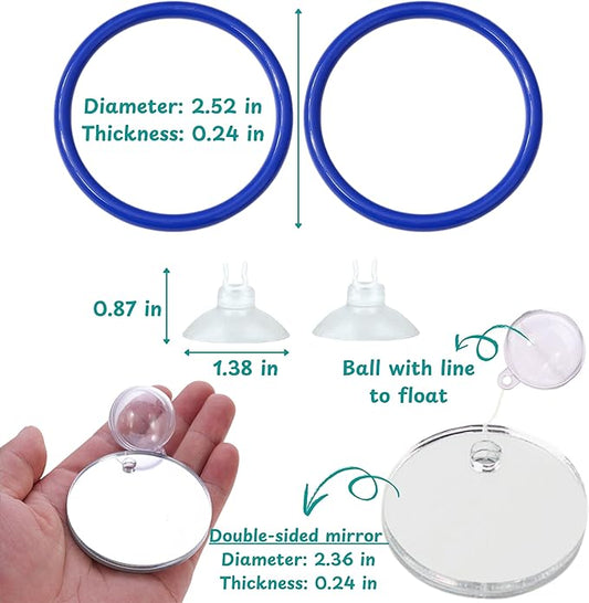Betta Fish Enrichment Toys Ring and Mirror , Floating Exercise Mirrors And Training Ring, Floating Mirrors Aquarium With Feeding Rings, Fish Toys, Betta Fish Tank Accessories (Blue+Mirror, 6.4cm)