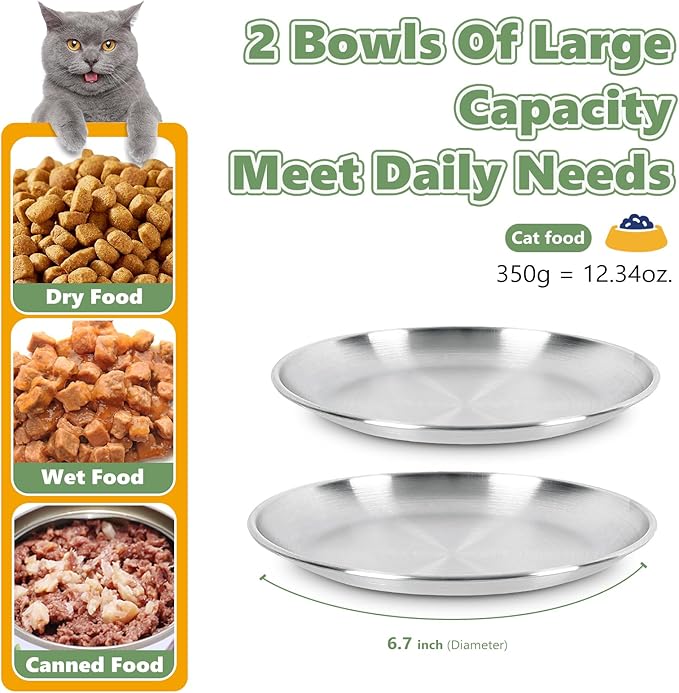 Stainless Steel Cat Bowls Set – 6.7" Whisker Friendly Shallow Dishes, Dishwasher Safe Food & Water Plates for Indoor/Outdoor Cats, 13oz (SUS304, 7Pcs)