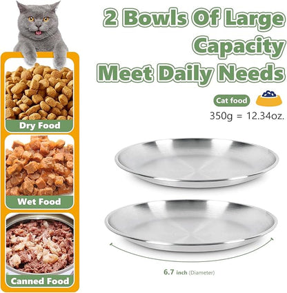 Stainless Steel Cat Bowls Set – 6.7" Whisker Friendly Shallow Dishes, Dishwasher Safe Food & Water Plates for Indoor/Outdoor Cats, 13oz (SUS304, 7Pcs)