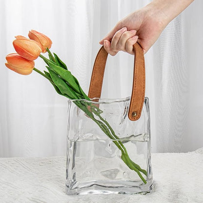 Glass Purse Vase for Flowers Clear Vases for Centerpieces Glass Bag Vase with Leather Handle Small Bag Vases for Decor Decorative Fish Bowl for Home Wedding Decor