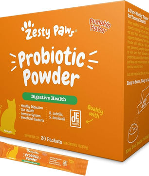 Zesty Paws Powder Probiotics for Cats - Meal Topper for Digestive, Immune System Support for Feline Biome - Premium DE111 Cat Probiotics for Digestive Health - Fiber & Yeast Extract - Pumpkin - 30 Ct