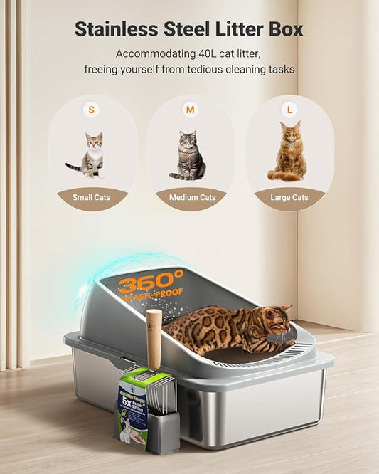 Stainless Steel Cat Litter Box with Scoop, Metal Litter Box High Sided, Cat Litter Box Enclosure, XL Extra Large High-Sided Litter Boxs (Anti-Urine Leakage, Include Scoop) (Grey)