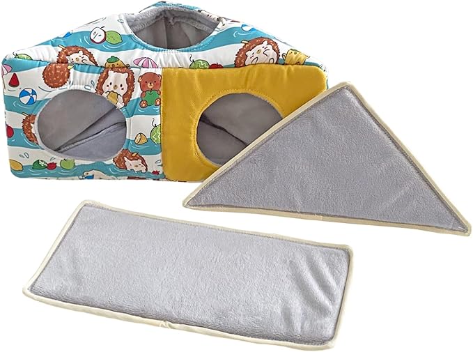 Hedgehog Fleece Corner Hideout Cave Collapsible Pet Play Toy Tunnel Tube Warm House Hidey Hut for Sugar Glider Ferret Hamster Small Animal Beds (Blue/Yellow)
