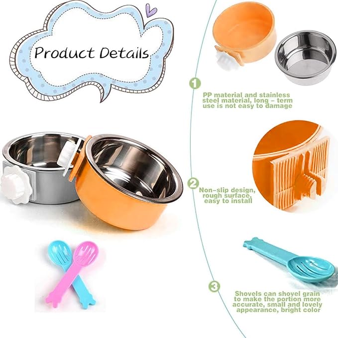 Hamiledyi 2-Pack Hanging Dog Bowls with Removable Stainless Steel Feeder - Spill-Proof Crate Bowls for Kennel/Cage, Puppy to Medium Dogs, Cats, Rabbits & Guinea Pigs (Durable Pet Food & Water Dishes)