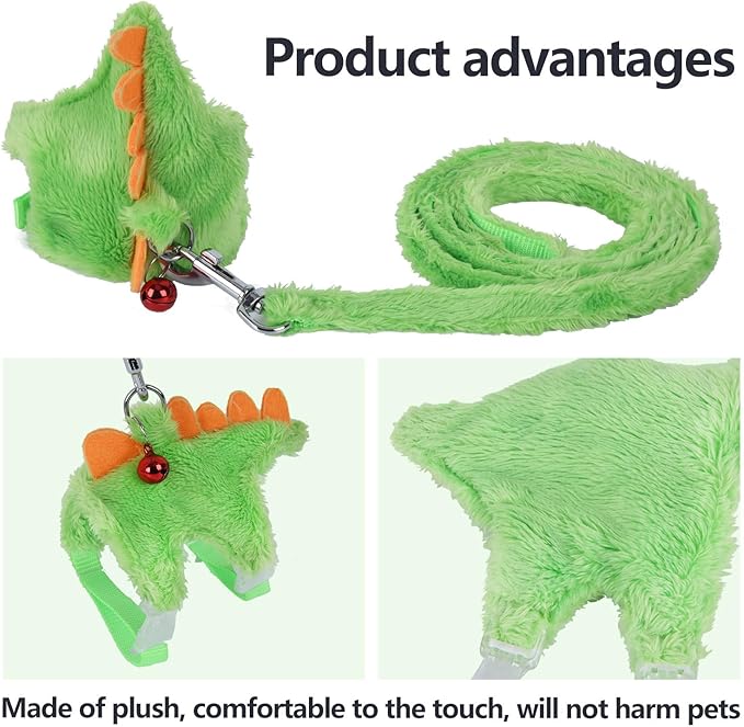 Ferret Harness and Leash Set with Safe Bell, Dinosaur-themed, Green, Small Pet, 2.36-3.54 inches (6-9 cm), 47 inches (120 cm) Lead Rope