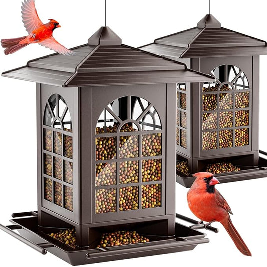 Birdream 2 Pack Bird Feeders for Outdoors Hanging - 7LB Total Capacity Classic Courtyard Design Fun Assembly Large Bird Feeder, Attracting Wild Birds Cardinals Goldfinches Sparrows - Brown