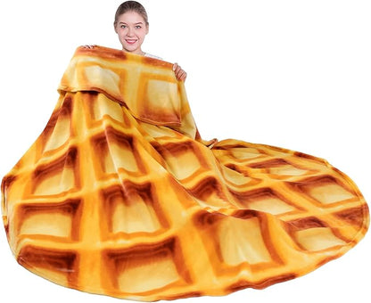 mermaker Waffles Blanket 60 inches for Adult Kids, Realistic Waffles Throw Blanket Funny Gifts for Women Men Teen Boy Girl, 285 GSM Soft Flannel Food Wrap Blanket for Christmas Birthday Gifts-Orange