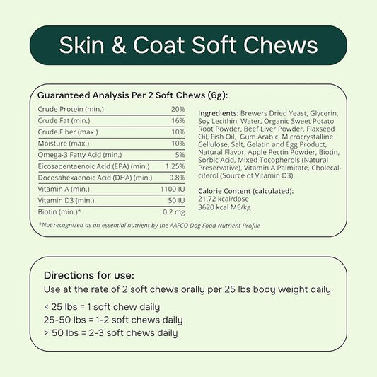 PetMeds Skin & Coat Supplement for Dogs - Fish Oil, Omega 3, Vitamin E, & Biotin for Dry, Itchy Skin & Shedding Relief - Healthy Skin & Shiny Coat - Beef & Sweet Potato Flavor - 60 Soft Chews