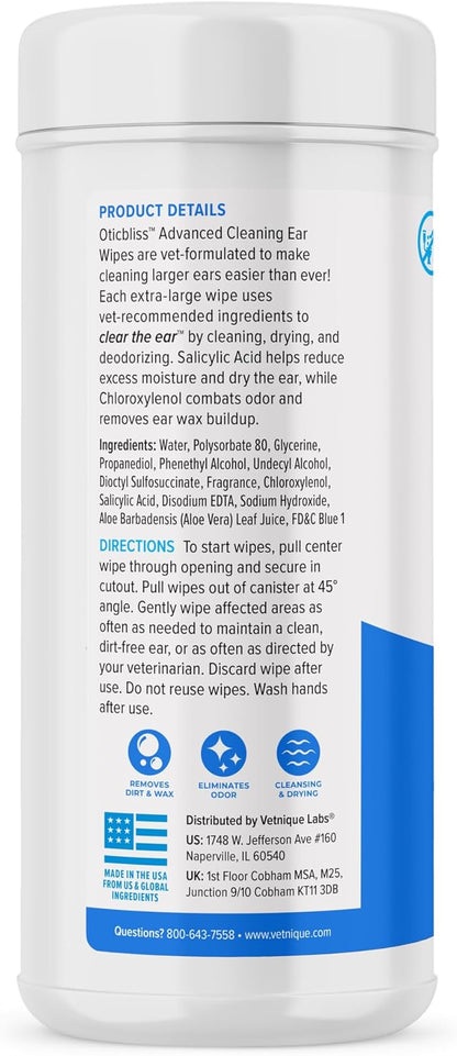 Vetnique Oticbliss Advanced Cleaning Ear Wipes for Dogs for Odor Control, Dirt and Wax Removal with Soothing Aloe Vera, Salicylic Acid & Vitamin E, (Ear Cleaning Wipes, Advanced Cleaning Large)