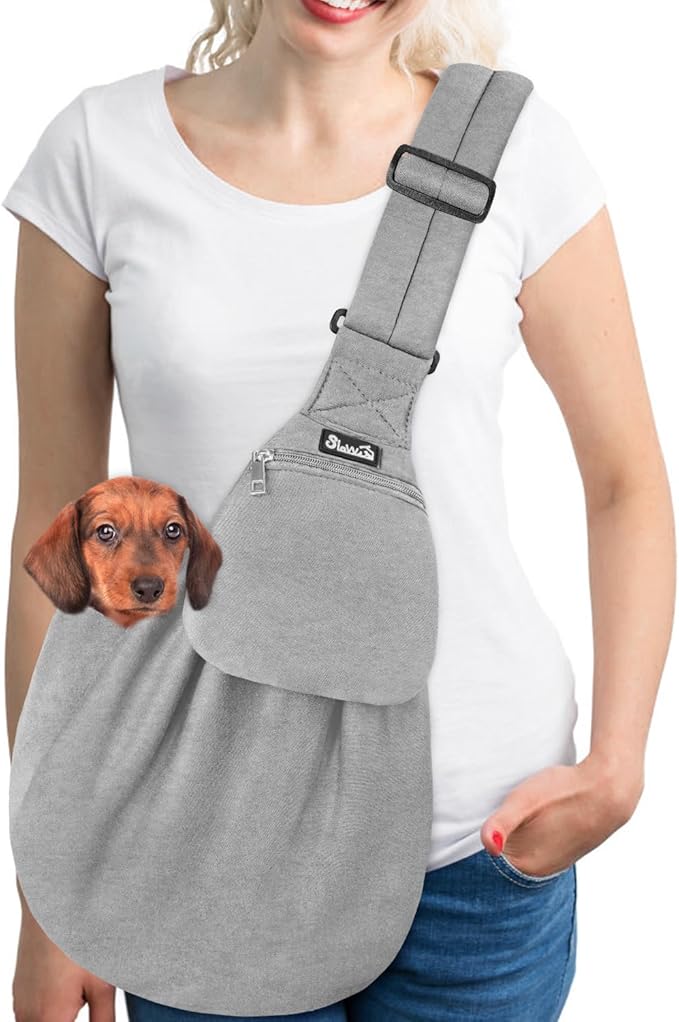 Lukovee Pet Sling, Hand Free Dog Sling Carrier Adjustable Padded Strap Tote Bag, Shoulder Bag with Safety Belt & Front Pocket for Small Dog Cat Puppy (Grey-WY,L)