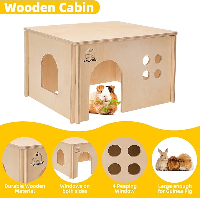 PAWCHIE Guinea Pig House Hide - Wooden Hideout for Chinchilla Small Animals, Habitat with Windows Guinea Pig Hamster Rat Living