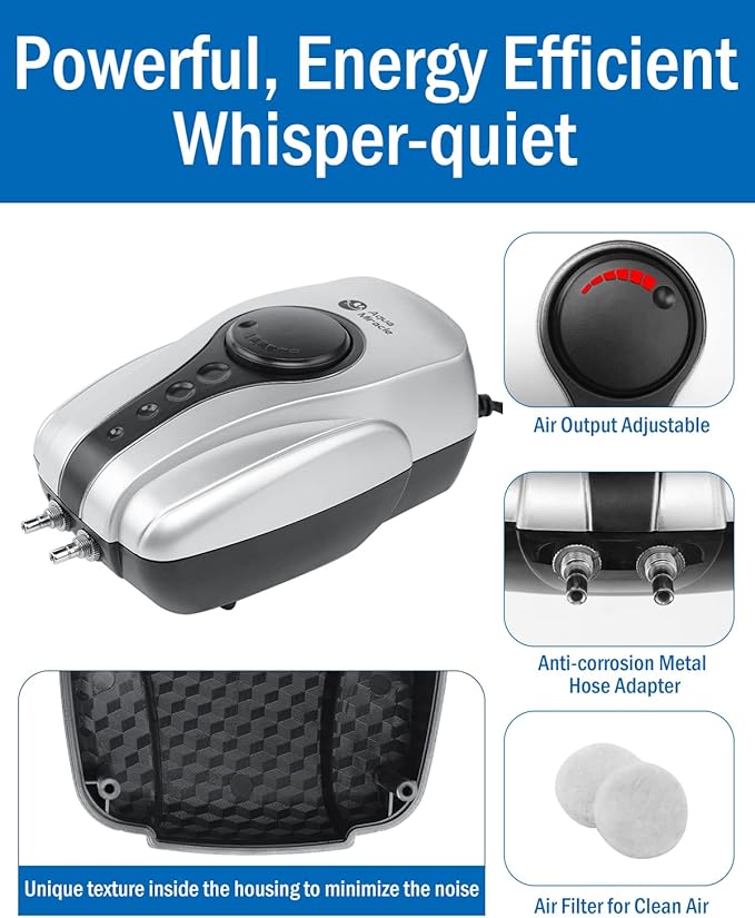 AquaMiracle All-in-One Koi Pond Aerator for Outdoor Ponds up to 1000 Gallons, Pond Air Pump Pond Aeration System with Double Outlet Airline Tubing Air Stones Check Valves