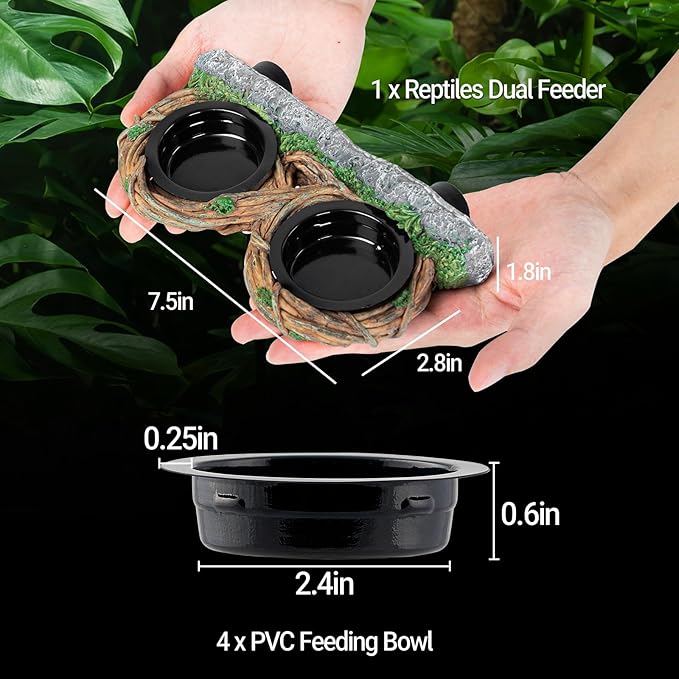 REPTI ZOO Magnetic Reptile Feeding Ledge, Gecko Feeder Ledge with 4PCS Cups, Hollow Vine Food Dish, Reptile Water Bowl for Bearded Dragon Lizard Snake, Reptile Terrarium Tank Accessories