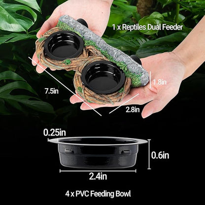 REPTI ZOO Magnetic Reptile Feeding Ledge, Gecko Feeder Ledge with 4PCS Cups, Hollow Vine Food Dish, Reptile Water Bowl for Bearded Dragon Lizard Snake, Reptile Terrarium Tank Accessories