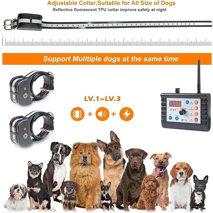 Wireless Dog Fence Training Collar Pet Two Way Signal 2-in-1 System, Adjustable Control Range Warning Strength, Display Battery Level, Waterproof Reflective Dog Collar
