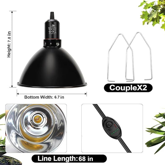 Reptile Light Fixture with Dimming Switch and Timer, 8.5 Inch Deep Dome Reptile Heat Lamp Fixture, Reptile Lamp Fixture Cap for UVB Bulb Basking Heat Bulb for Reptile Glass Terrariums, 2PCS