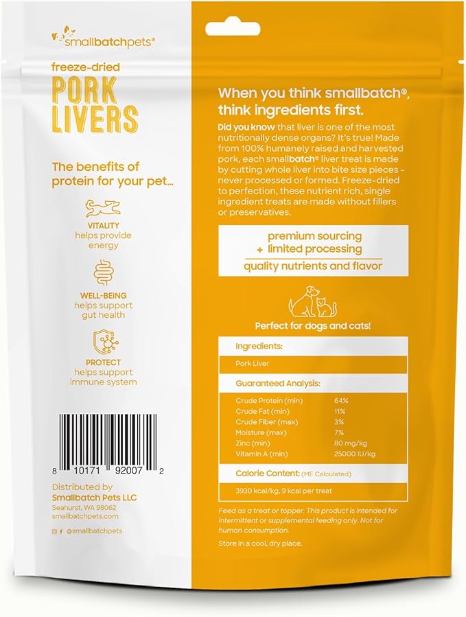smallbatch Freeze Dried Dog Treats, Pork Liver Treats for Dogs & Cats, High Protein, Single Ingredient Dog Treat for Training or Food Topper, Natural, Humanely Sourced Meat, Made in The USA, 3 oz