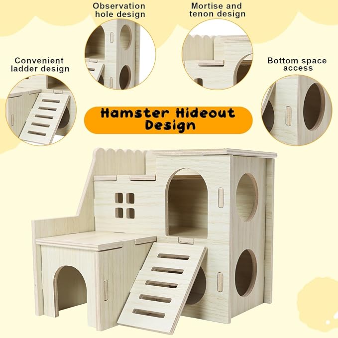 Hamster Hideout Tiny Maze Wood House with Slide Hamster House and Habitat Wooden Hide Hut for Dwarf Gerbils Mouse Mice and Other Small Animals (Pygmy Rats Only)