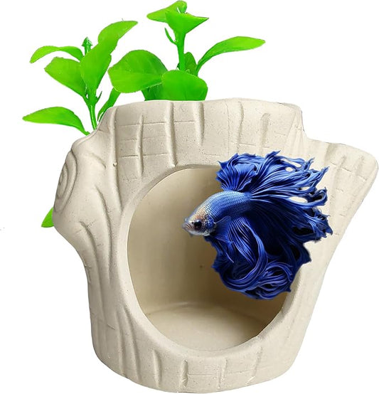 2Pack SpringSmart Aquarium Decor Rock Cave and Plastic Plant Betta Fish Tank Accessories for Fish Shrimp Turtle Crab Hiding Breeding Playing Ceramic Hideout Stone for Fish Bowl