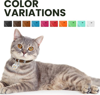 BRONZEDOG Leather Cat Collar with Removable Bells Non Breakaway Kitten QR Tag for Girl Boy (7" - 9" for Cats, Dark Brown & Silver)