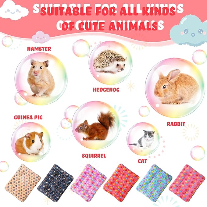 Yulejo 6 Pieces Guinea Pig Bed Mats with Cleaning Dustpan Brush Washable Plush Cage Lines Soft Fleece Sleeping Bedding Pads for Hamster Bunny Chinchilla Squirrel Small Animals (Cool Color, Star)