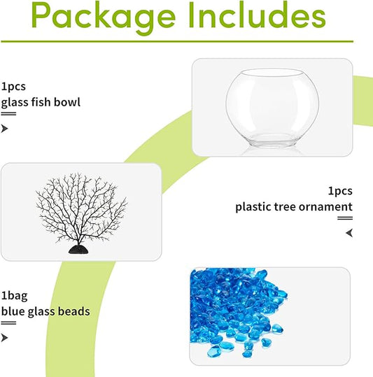 hygger Mini Glass Oblate Fish Bowl Kit, Small Fish Tank Comes with Blue Aquarium Decor Stones and Plastic Fan Branch Tree Ornament