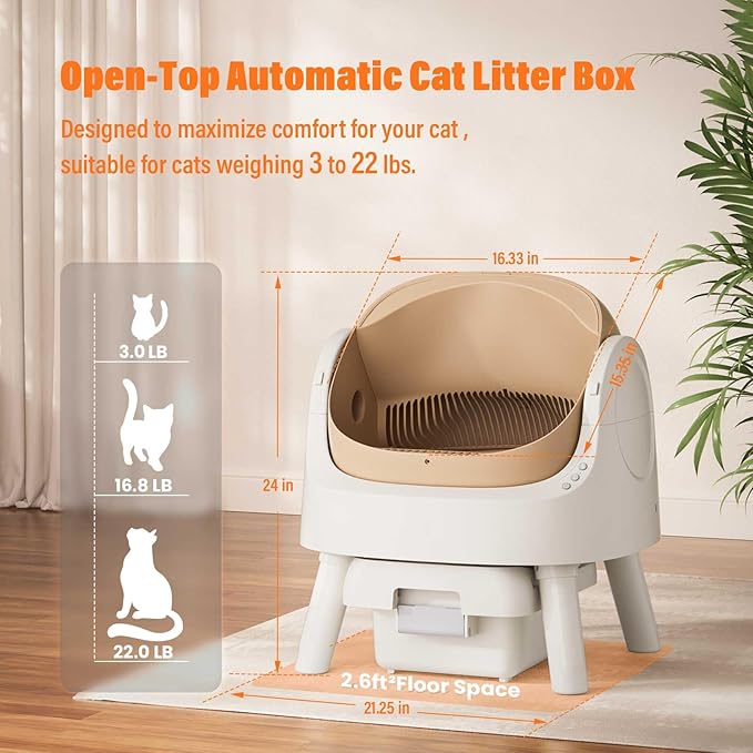 Automatic Litter Box, Self Cleaning Litter Box with Open Top Design, Integrated Safety Protection, Included Mat and Liner, Brown