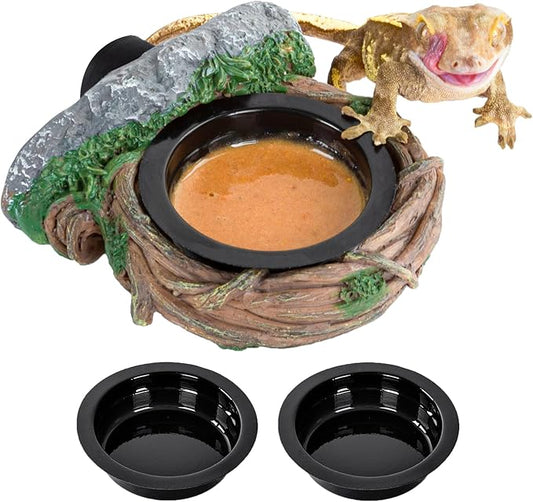 REPTI ZOO Magnetic Crested Gecko Feeding Ledge, Reptile Feeder Ledge with 2PCS Cups, Reptile Water Bowl for Bearded Dragon Lizard Snake, Hollow Vine Food Dish Tank Accessories