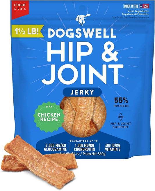 Dogswell Jerky Hip and Joint Dog Treats Grain Free Made in USA Only, Glucosamine and Chondroitin, 24 oz Chicken
