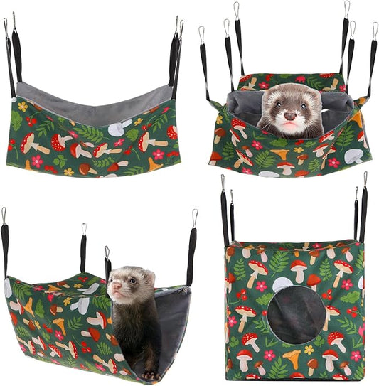 4 Pack Ferret Hammock for Cage, Small Animal Hammock Set with Mushroom Pattern, Rat Hammocks Washable Cozy Hanging Bed for Chinchilla Guinea Pig Hamster Sugar Glider Squirrel