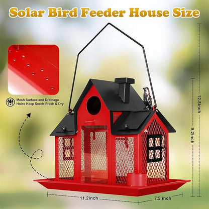 Solar Bird Feeders House for Outside Hanging, Metal Wild Bird Feeder for Outdoors Large Capacity Cardinal Birdfeeder Birdhouses Metal Bird Feeding Station Red