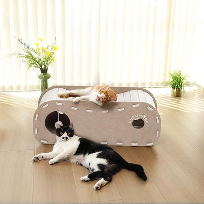 FUKUMARU Cat Beds for Indoor Pets, 31.5 Inches Extra-Large Cat Cave for Multi-Pet, Cozy House with Fluffy Ball Hanging, Scratch Resistant Felt Kitten Hideaway Bed, Feline Tunnel, Beige