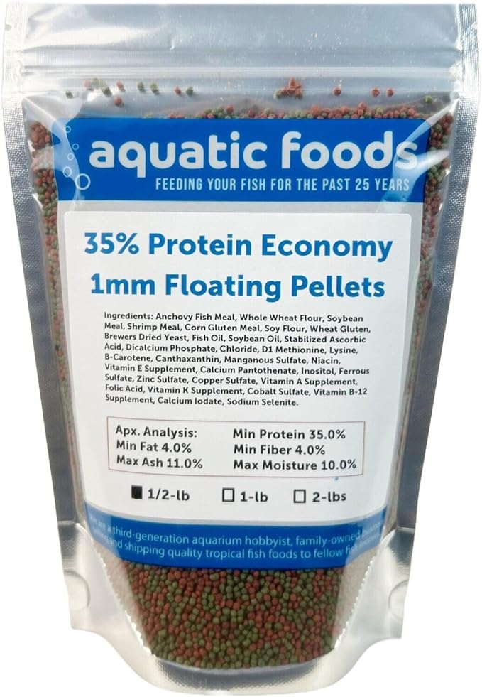 Aquatic Foods Inc. 1mm - 1/32, 35% Protein Economy Floating Pellets for All Community Fish, Tetras, Guppies, Angel Fish, Cichlids, Goldfish. All Tropical Fish - WL…1/2-lb Foil Pouch Bag