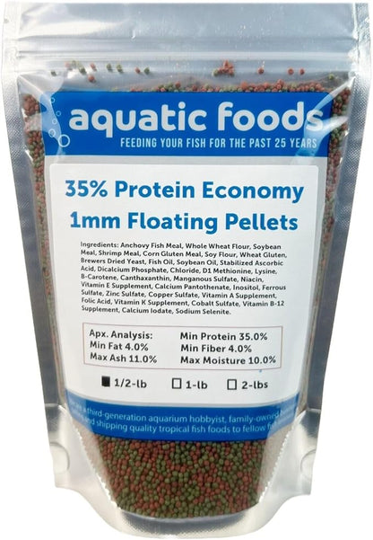 Aquatic Foods Inc. 1mm - 1/32, 35% Protein Economy Floating Pellets for All Community Fish, Tetras, Guppies, Angel Fish, Cichlids, Goldfish. All Tropical Fish - WL…1/2-lb Foil Pouch Bag