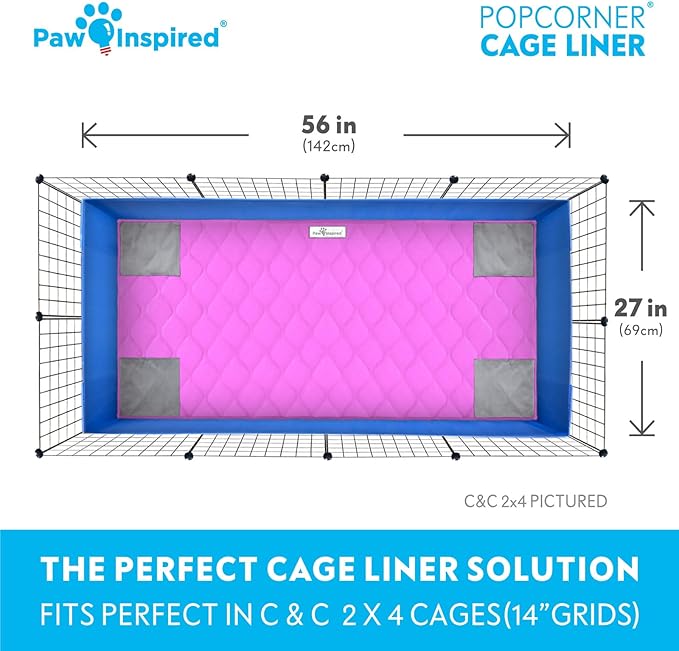 Paw Inspired PopCorner Guinea Pig Cage Liners | Washable Fleece Bedding or Pet Bed Mat for Small Animals | Super Absorbent Pee Pad with Reinforced Corners and Waterproof Bottom (C&C 2x4, Pink)